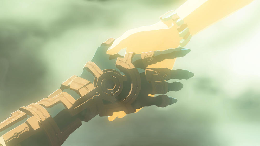 Link and Zelda join hands.