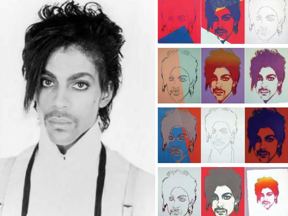 A portrait of Prince taken by Lynn Goldsmith (left) in 1981 and 16 silk-screened images Andy Warhol later created using the photo as a reference.