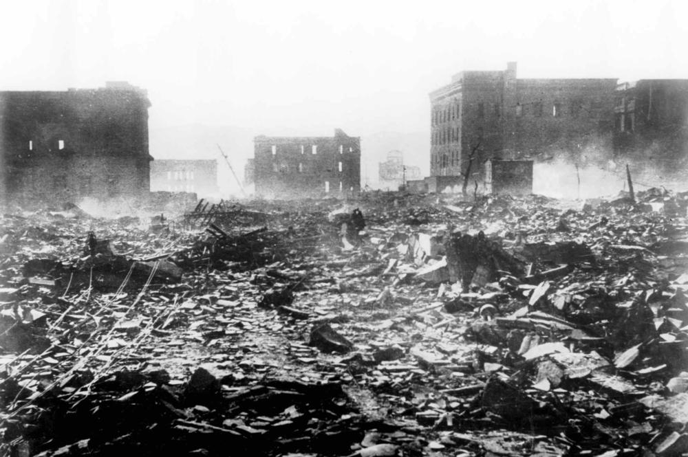 A pall of smoke lingers over this scene of destruction in Hiroshima, Japan, on Aug. 7, 1945, a day after the explosion of the atomic bomb.