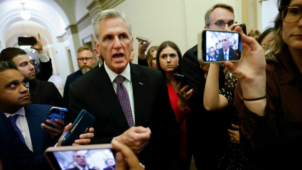 Speaker of the House Kevin McCarthy, R-Calif., talks to reporters at the U.S. Capitol on Wednesday. Negotiations between his team and the White House over the debt ceiling broke down on Friday.