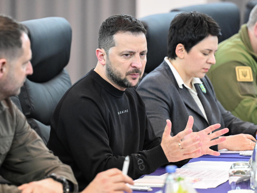 Ukrainian President Volodymyr Zelenskyy speaks during a bilateral meeting with Japanese Prime Minister Fumio Kishida, following the conclusion of the G7 Summit Leaders' Meeting on May 21, 2023 in Hiroshima, Japan. The G7 summit will be held in Hiroshima from 19-22 May.