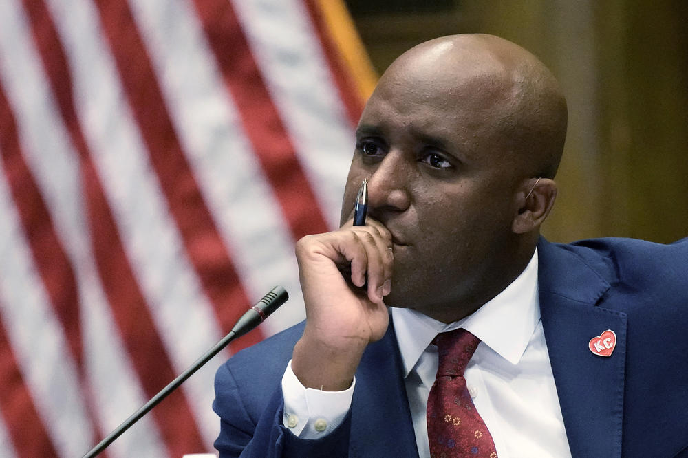 Mayor Quinton Lucas, of Kansas City, Mo., listens to public comments on a resolution that would make it a sanctuary city for transgender people on May 10.