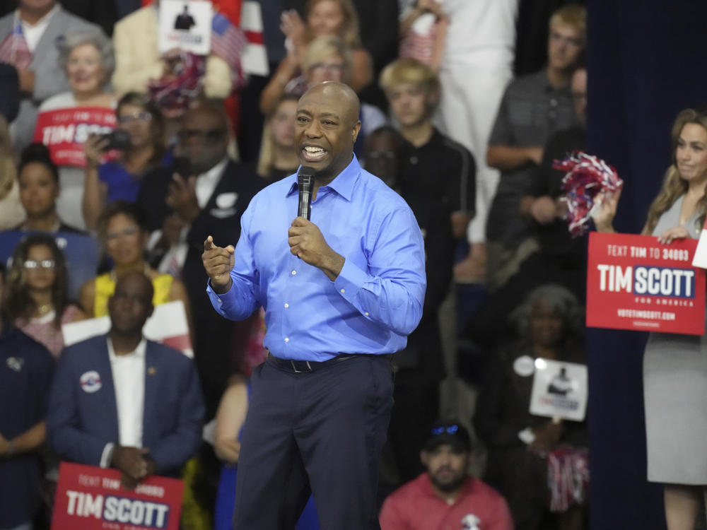Sen. Tim Scott, R-S.C., gives remarks at his presidential campaign announcement event at Charleston Southern University on Monday in North Charleston, S.C.