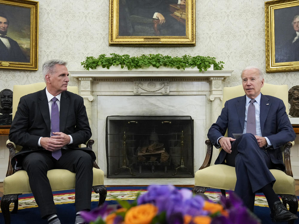 President Joe Biden meets with House Speaker Kevin McCarthy of Calif., to discuss the debt limit in the Oval Office of the White House, Monday, May 22, 2023, in Washington.