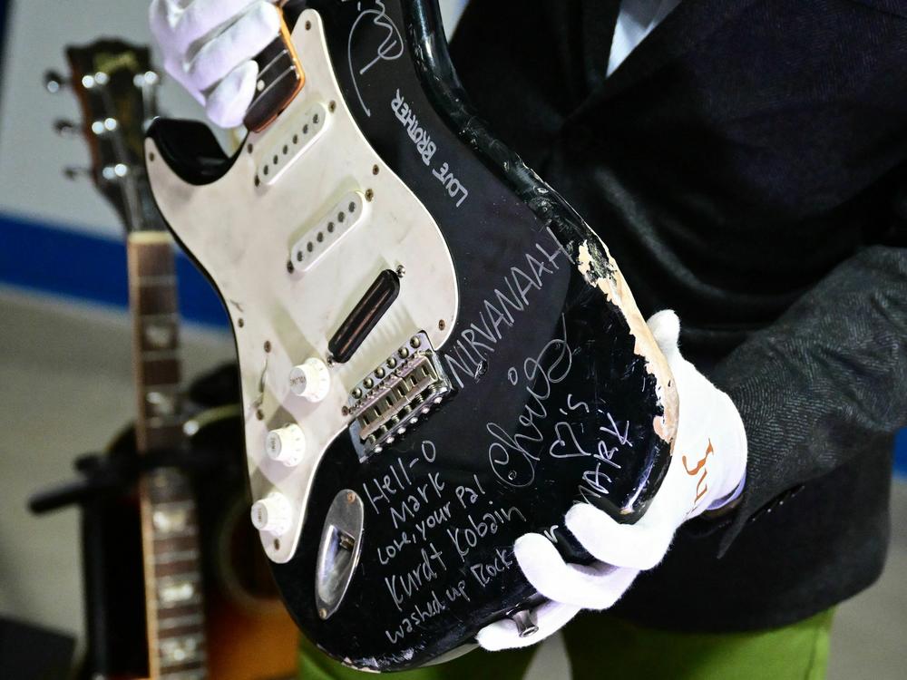 Kurt Cobain's smashed Fender Stratocaster is displayed at Julien's Auctions in Gardena, Calif., on May 2 ahead of Julien's 