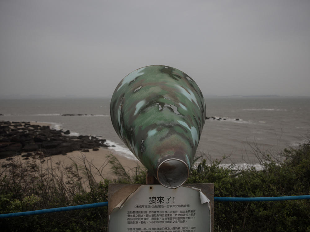 A megaphone facing the Chinese mainland marks the tourist location of the Beishan Broadcasting Wall, which Taiwan used for broadcasting propaganda to mainland China, is seen on April 8, in Kinmen, Taiwan.