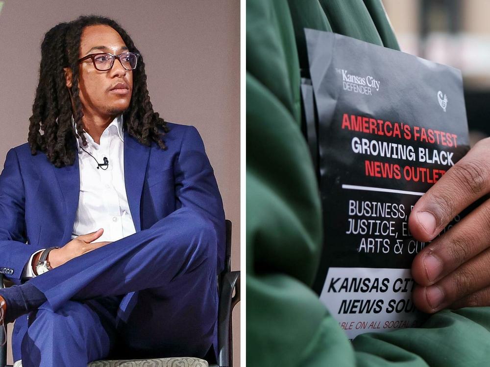 Left: Kansas City Defender founder Ryan Sorrell attends a youth summit on June 9, 2022, in Kansas City, Mo. Right: Sorrell distributes Kansas City Defender fliers at a rally on Nov. 17, 2022.