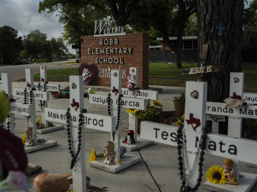 The memorial at Robb Elementary School in Uvalde, Texas. A mass shooting there on May 24, 2022, killed 19 children and two teachers. For surviving families, the year since has been an agonizing fight for answers and accountability.