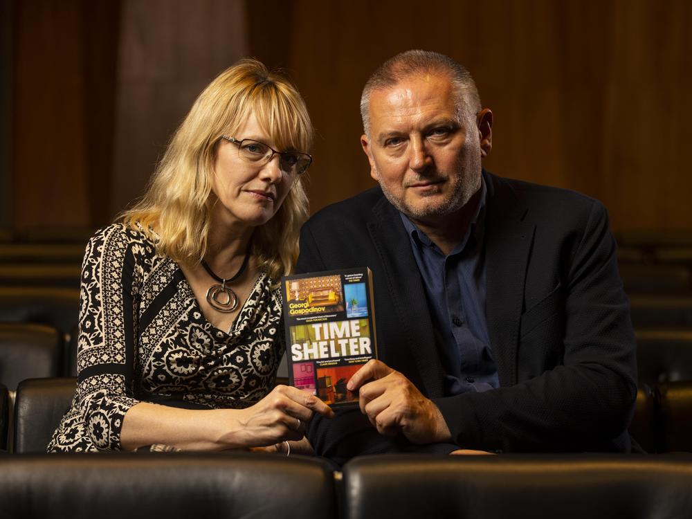 Translator Angela Rodel, left, and author Georgi Gospodinov have won the 2023 International Booker Prize for <em>Time Shelter.</em> They are pictured above in London on May 23, 2023.