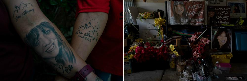 Left: Maggie Mireles and Sandra Mireles Sanders tattooed their arms in honor of their sister, Eva Mireles. Right: Banners, flowers and other mementos that Maggie Mireles has collected from her sister's memorials.