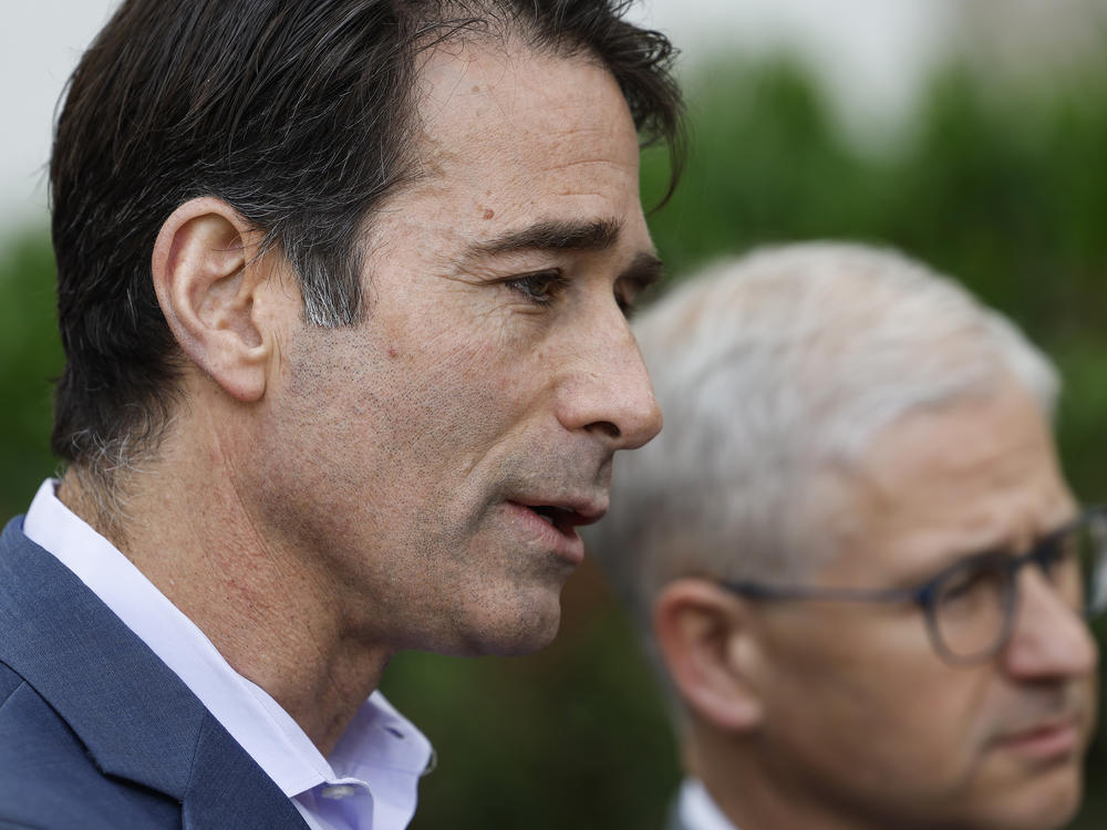 Rep. Garret Graves, R-La., and Rep. Patrick McHenry, R-N.C., speak to reporters about negotiations on the debt limit outside of the House Republican conference meeting on Capitol Hill.