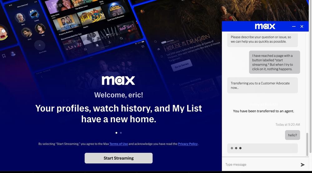 Screenshot of attempt to enter Max service.