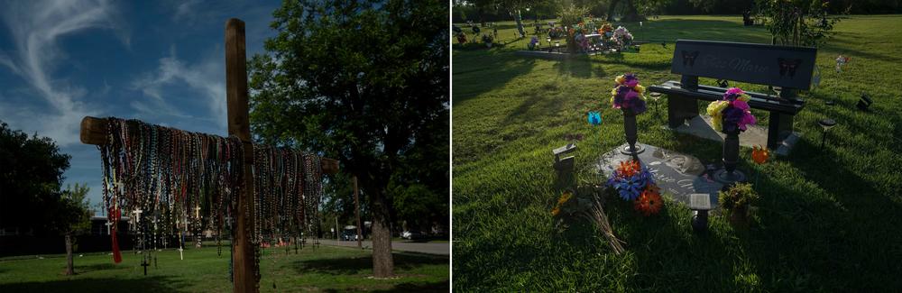 Left: Rosaries hang from a memorial cross placed at Robb Elementary School. Right: Tess Marie Mata's grave at Uvalde's Hillcrest Memorial Cemetery.