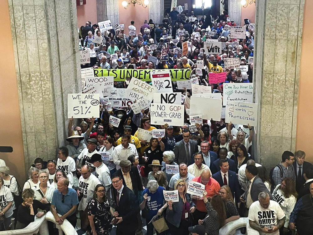 Supporters and opponents of a GOP-backed measure that would make it harder to amend the Ohio Constitution packed the Statehouse rotunda on May 10 in Columbus. That measure is set for an August special election.