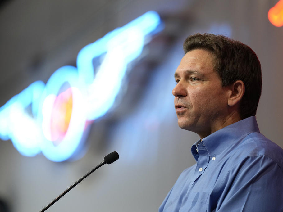 Florida Gov. Ron DeSantis speaks May 13 during a fundraising picnic for U.S. Rep. Randy Feenstra, R-Iowa, in Sioux Center, Iowa.