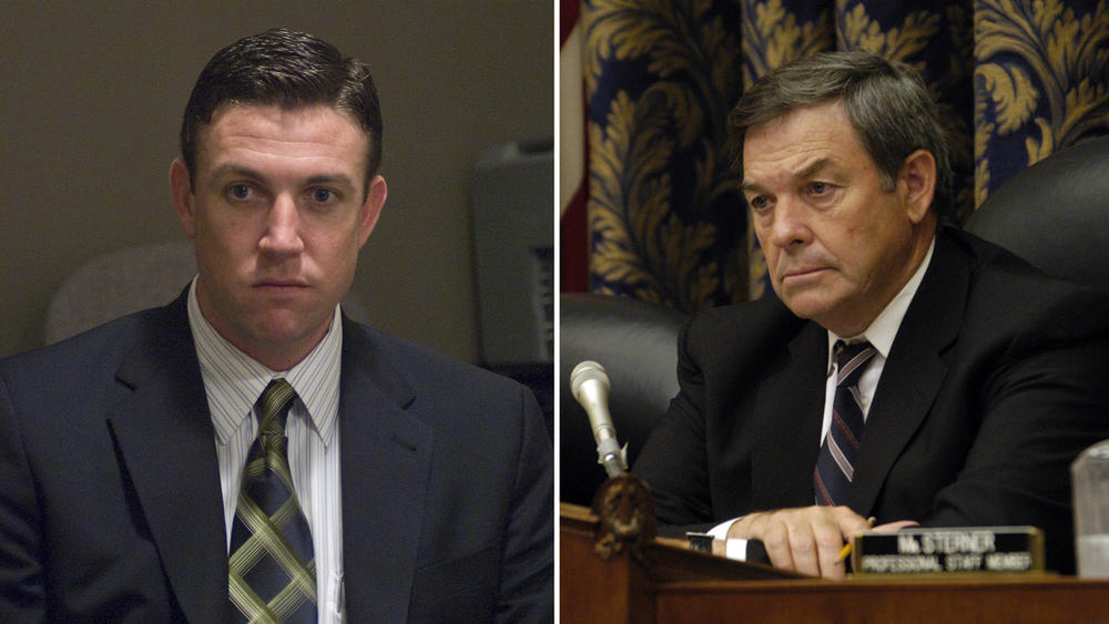 <strong>Left:</strong> Duncan D. Hunter, son of then-U.S. Rep. Duncan L. Hunter, on Feb. 27, 2008. <strong>Right:</strong> Chairman Duncan L. Hunter, R-Calif., at an Armed Services Committee hearing on conduct and support of Operation Iraqi Freedom on May 21, 2004.