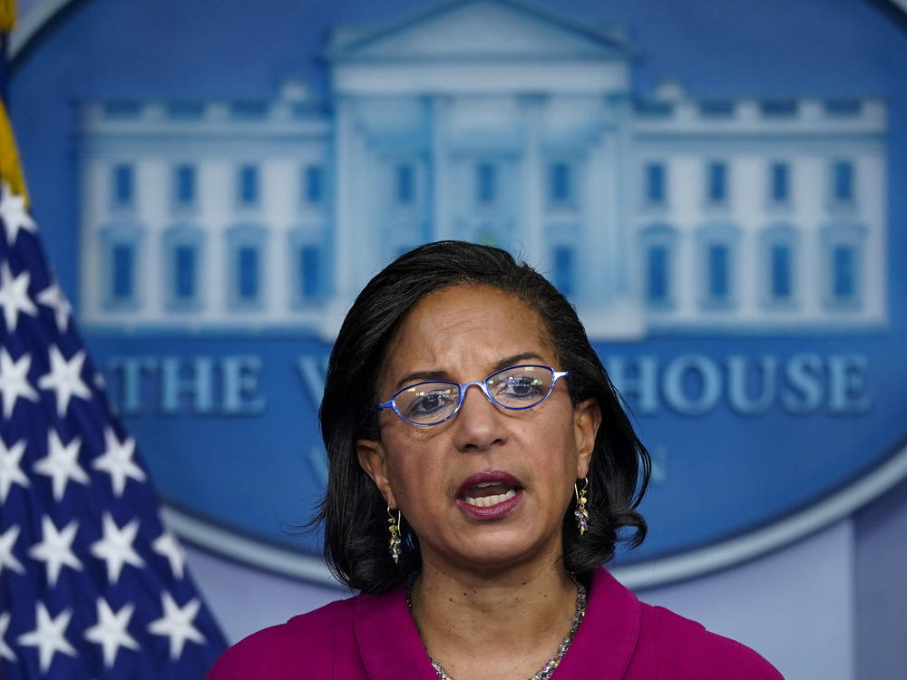 Domestic policy adviser Susan Rice speaks during a news briefing at the White House on Jan. 26, 2021. Rice is stepping down from the post.