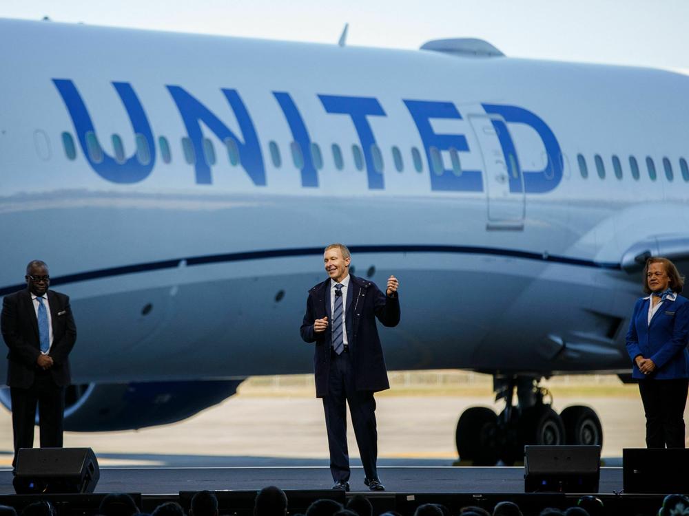 United Airlines CEO Scott Kirby speaks during a joint press event with Boeing at the Boeing manufacturing facility in North Charleston, S.C., on Dec. 13, 2022.