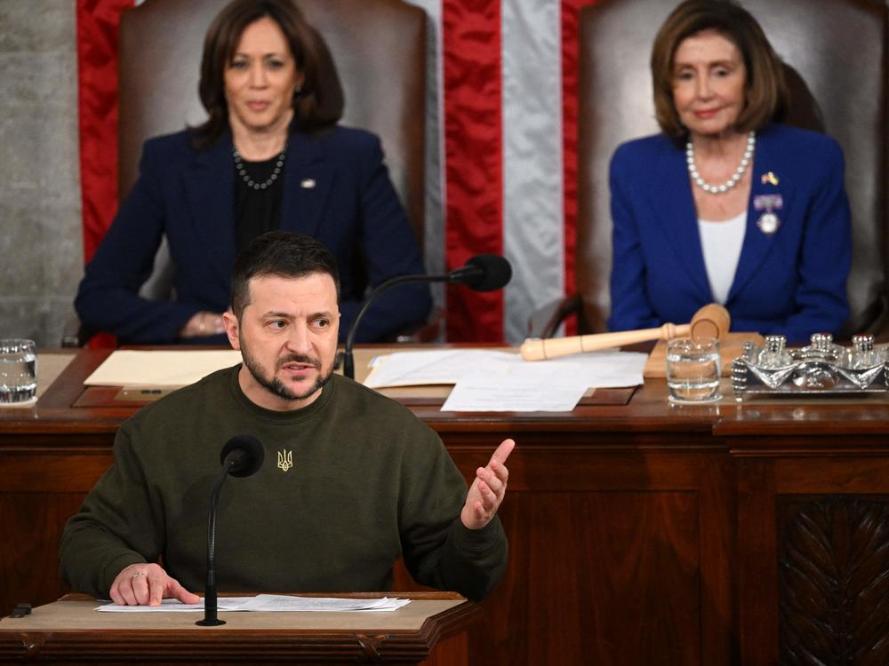 Ukraine's President Volodymyr Zelenskyy addresses Congress at the U.S. Capitol in Washington, D.C. on Dec. 21, 2022. The U.S. has provided Ukraine with more than $76 billion in aid, but that's a smaller fraction of GDP than some allies have contributed to the country.