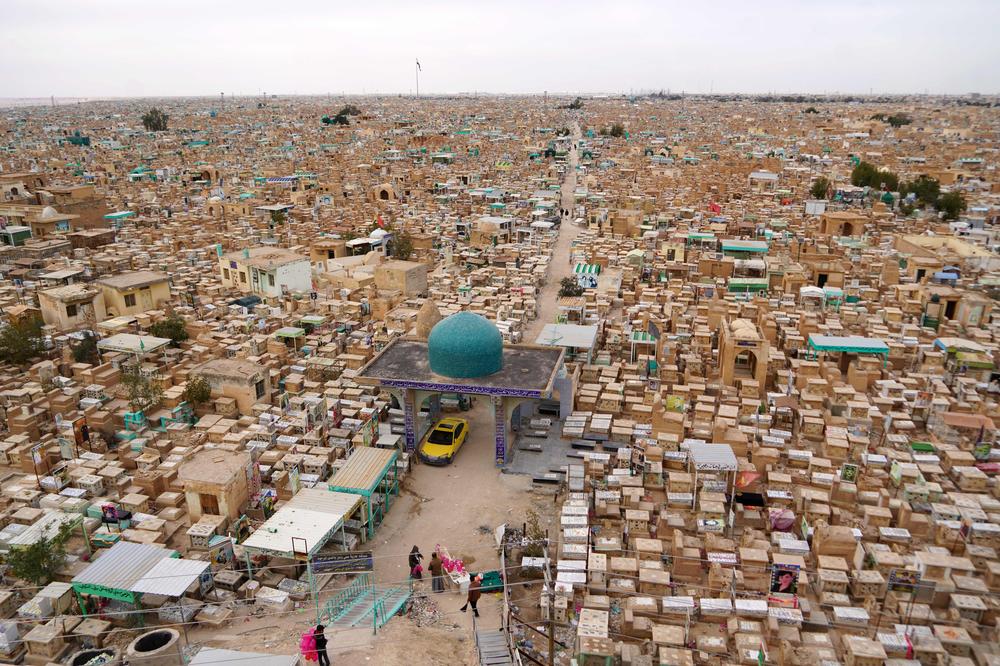 An aerial view shows the Wadi Al-Salam cemetery, in Iraq's holy shrine city of Najaf, on Feb. 10.