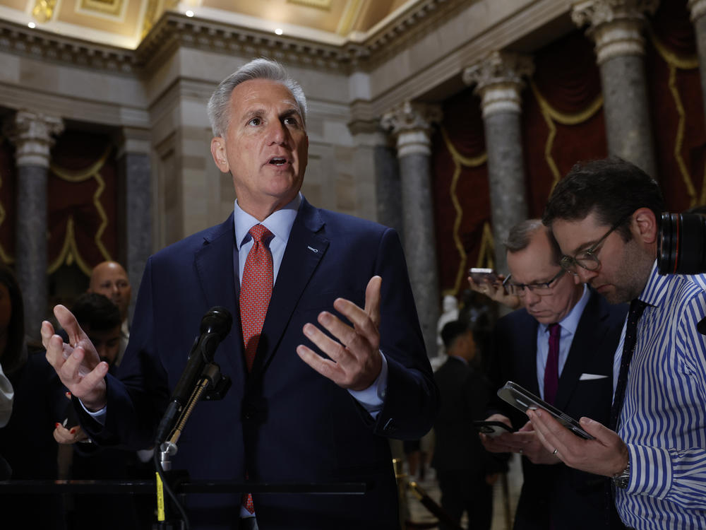 House Speaker Kevin McCarthy speaks to members of the media at the U.S. Capitol in Washington, D.C., on May 24, 2023. The U.S. government will soon run out of cash to pay its bills unless it can raise or suspend its debt ceiling.