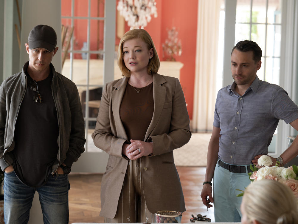 Actors Jeremy Strong (from left), Sarah Snook and Kieran Culkin are pictured in an episode of <em>Succession</em>, which ends on Sunday.