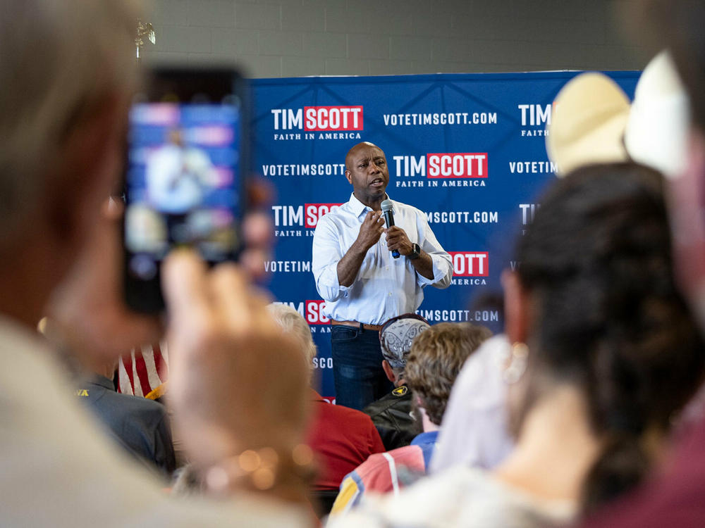 South Carolina Sen. Tim Scott holds his first town hall as a declared Republican presidential candidate at Novelty Machine and Supply Co. in Sioux City, Iowa, on May 24.
