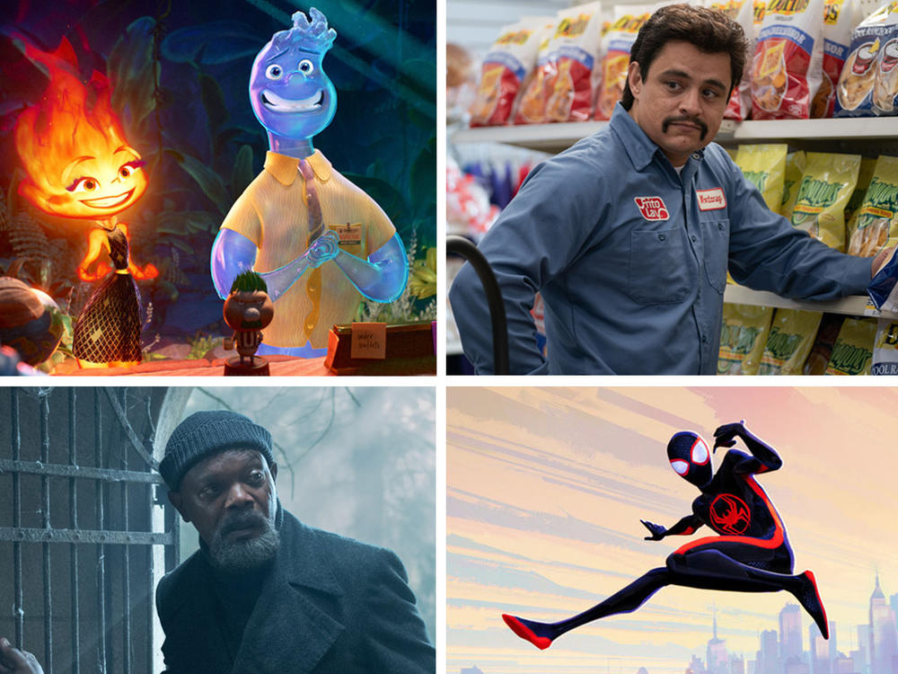 Clockwise from top left:<em> Elemental, Flamin' Hot, Barbie, Shortcomings, Spider-Man: Across the Spider-Verse, Secret Invasion.</em>