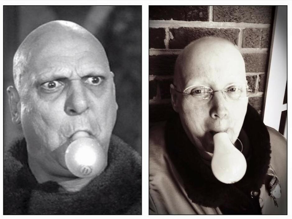 Marcy Marxer does her best Uncle Fester impression after losing her hair to chemotherapy. Images like this earned Marxer a following on social media and formed the backbone of the humor in the cancer musical film, <em>All Wigged Out</em>.
