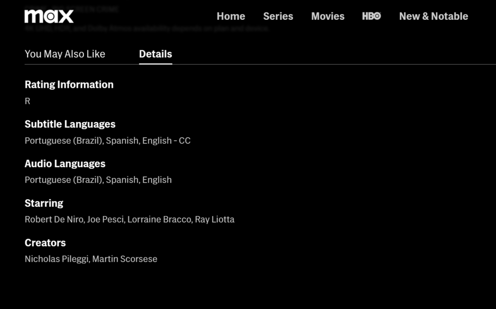 A screengrab of the credits on the new<em> </em>Max streaming platform for the 1990 film <em>Goodfellas, </em>directed by Martin Scorcese, shows the nondescript 