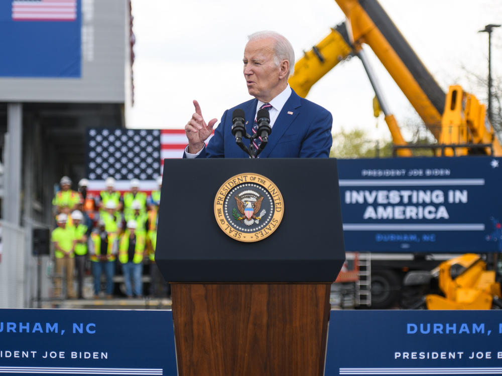President Biden talks about his push to expand manufacturing jobs during a March 28 visit to Wolfspeed Inc., a semiconductor manufacturer in Durham, N.C.