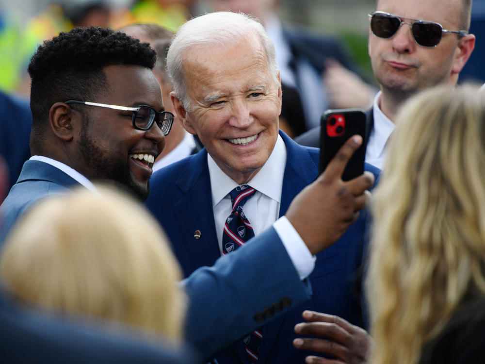 President Biden takes selfies after a March 28 visit to Wolfspeed Inc., a semiconductor manufacturer in Durham, N.C.