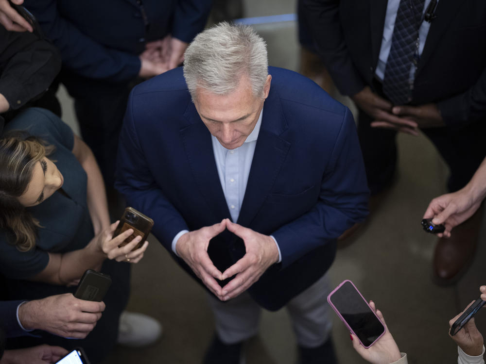 House Speaker Rep. Kevin McCarthy, R-Calif., speaks to members of the media after arriving at the U.S. Capitol on Friday.
