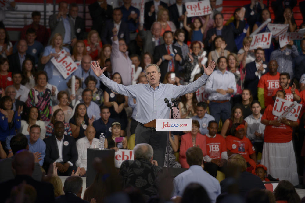 Former Florida Gov. Jeb Bush announces his 2016 presidential run for the White House at the Miami Dade College Kendall Campus on June 15, 2015 in Miami.