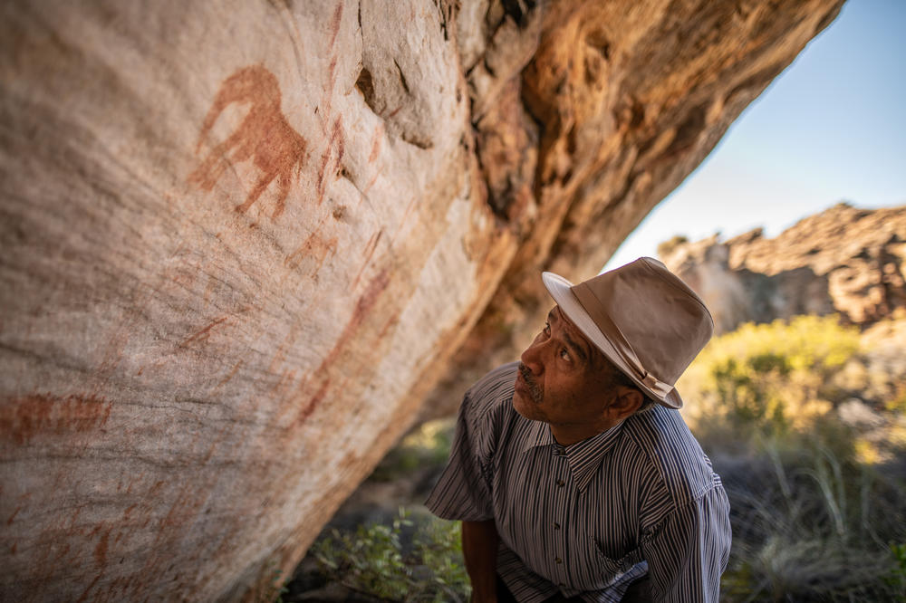 Barend Salomo, 64, a rooibos farmer and Khoisan rights activist, looks at an ancient piece of Khoisan rock art in South Africa's rooibos-rich Cederberg Mountains. This land was once all the domain of his ancestors. Today most Khoisan are landless, while white farmers control 93% of all land under rooibos cultivation.