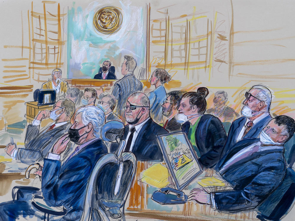 This artist sketch depicts the trial of Oath Keepers leader Stewart Rhodes and four others charged with seditious conspiracy in the Jan. 6, 2021, U.S. Capitol attack.