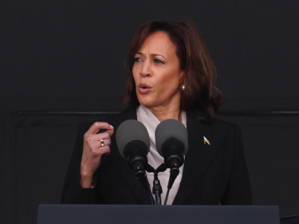 Vice President Harris delivers the keynote speech at Michie Stadium during West Point's graduation ceremony Saturday in West Point, N.Y.