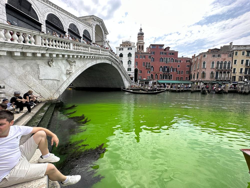 Police in Venice, Italy, are investigating the source of a bright green liquid patch that appeared on Sunday in the city's Grand Canal.