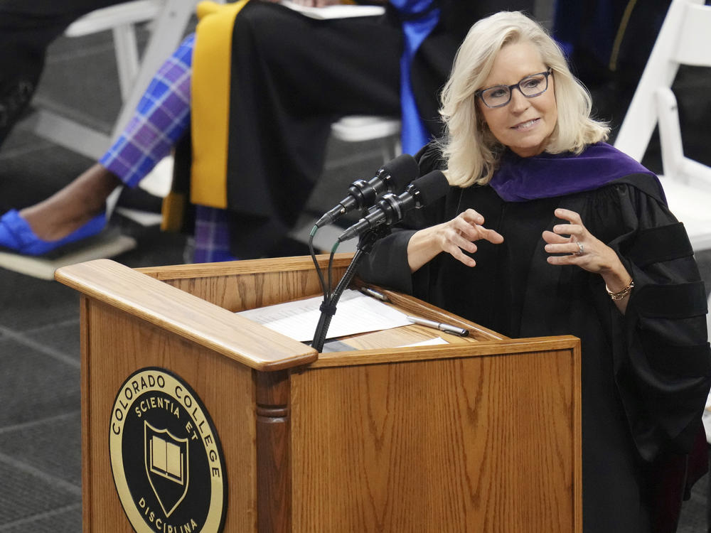 Former U.S. Rep. Liz Cheney, R-Wyo., delivers the commencement address at Colorado College on Sunday in Colorado Springs, Colo. She urged the 2023 graduates to not compromise on the truth.