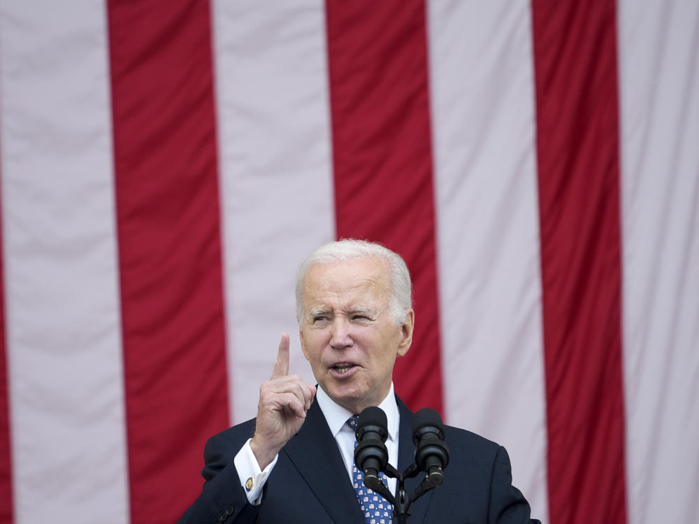 President Joe Biden speaks at the Memorial Amphitheater of Arlington National Cemetery in Arlington, Va., on Memorial Day on Monday.