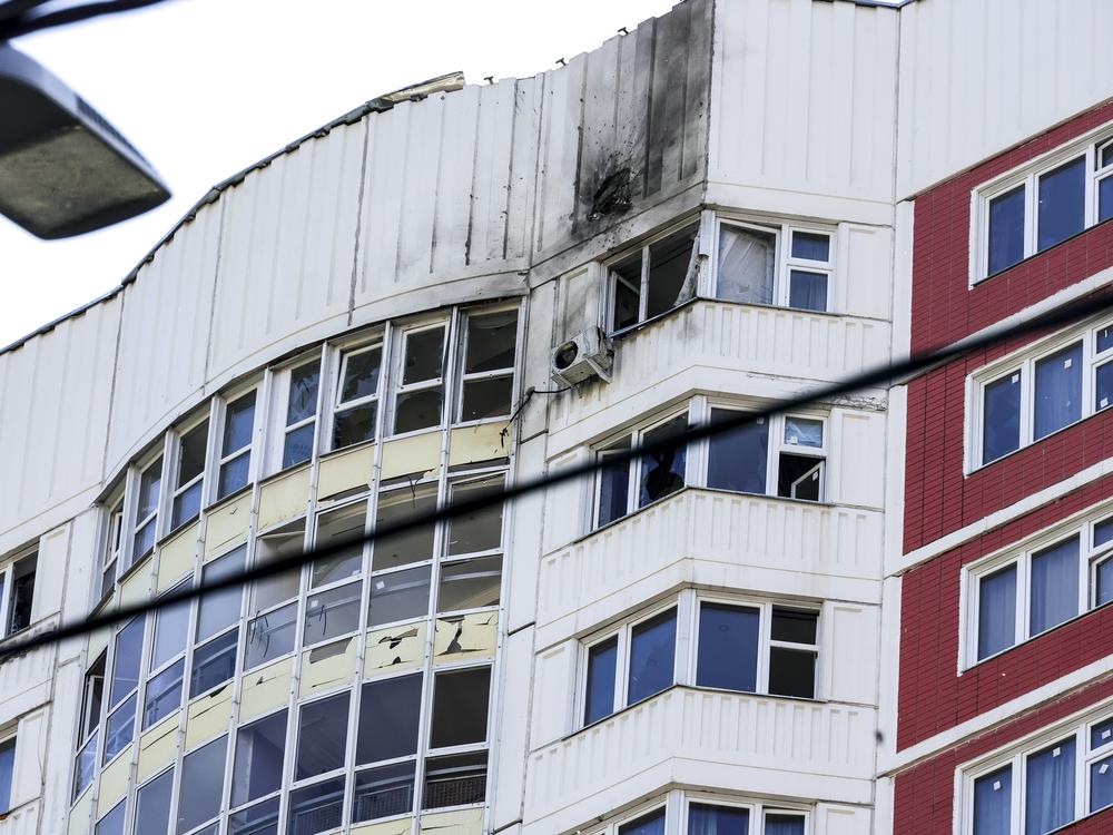 This photo shows a part of an apartment building which was reportedly damaged by Ukrainian drone in Moscow, Russia, Tuesday, May 30, 2023. In Moscow, residents reported hearing explosions and Mayor Sergei Sobyanin later confirmed there had been a drone attack that he said caused 