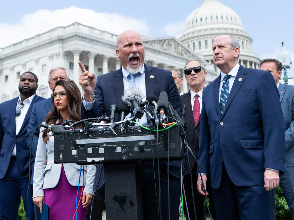 Rep. Chip Roy, R-Texas, speaks during the House Freedom Caucus news conference to oppose the debt limit deal outside of the Capitol on May 30.<a href=