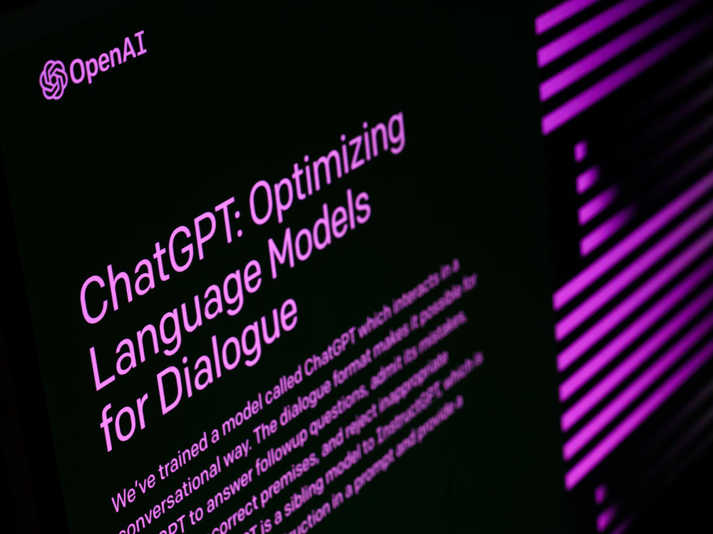 The welcome screen for the OpenAI ChatGPT app is displayed on a laptop screen in February in London.