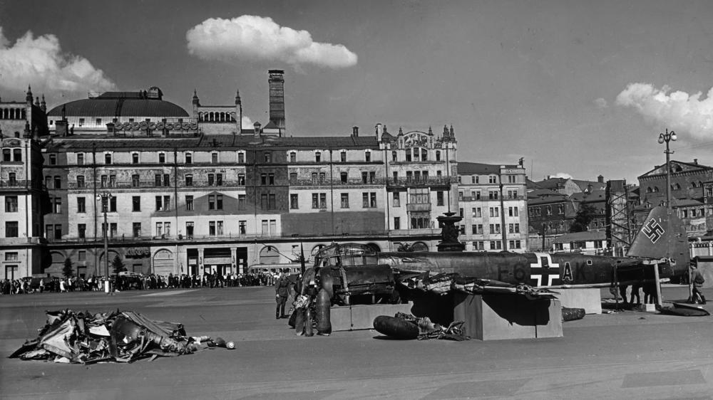 A downed Nazi war plane is displayed outside the Metropol Hotel in Moscow in 1941, after Germany invaded the Soviet Union. During World War II, Western journalists covering the Soviet side of the war were largely confined to the hotel and were not permitted to go near the frontlines.