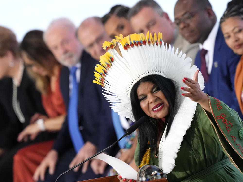 New Minister of Indigenous Peoples Sonia Guajajara speaks during her inauguration ceremony at the Planalto Palace in Brasília, Brazil, Jan. 11.