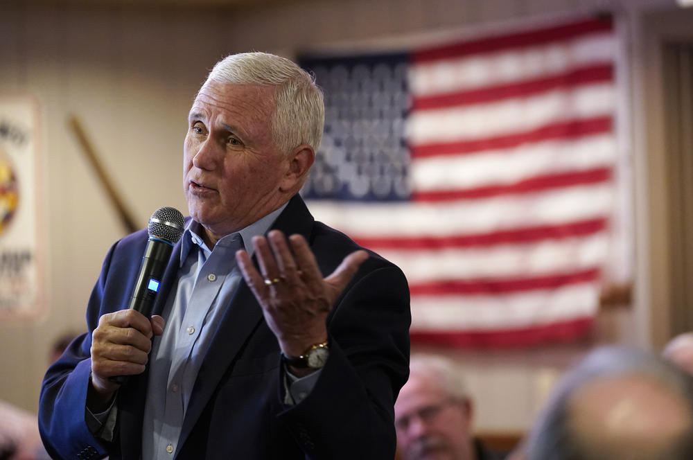Former Vice President Mike Pence speaks at the Westside Conservative Club Breakfast, Wednesday, March 29, 2023, in Urbandale, Iowa.
