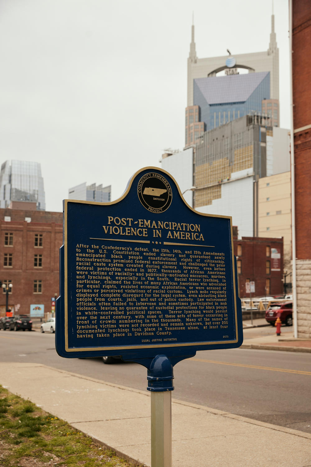 A community remembrance project marker notes lynchings and other acts of terror that were inflicted upon Black people in Nashville after the end of the Civil War.