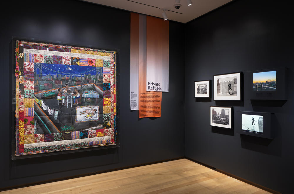 Faith Ringgold's quilt <em>Woman on a Bridge #1 of 5: Tar Beach</em> shares a corner with photographs that show how New Yorkers find quiet in a busy city.