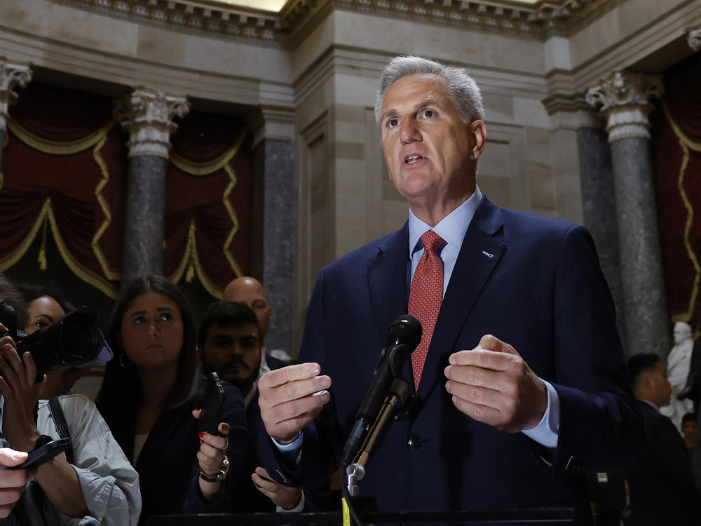 House Speaker Kevin McCarthy speaks to members of the media at the U.S. Capitol in Washington, D.C., on May 24, 2023. The House is set to vote on a debt deal on Wednesday.