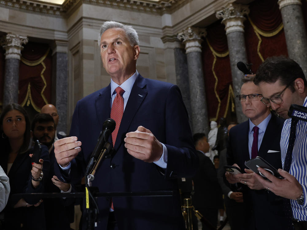 House Speaker Kevin McCarthy (R-CA) speaks to members of the media at the U.S. Capitol in Washington, D.C., on May 24, 2023.